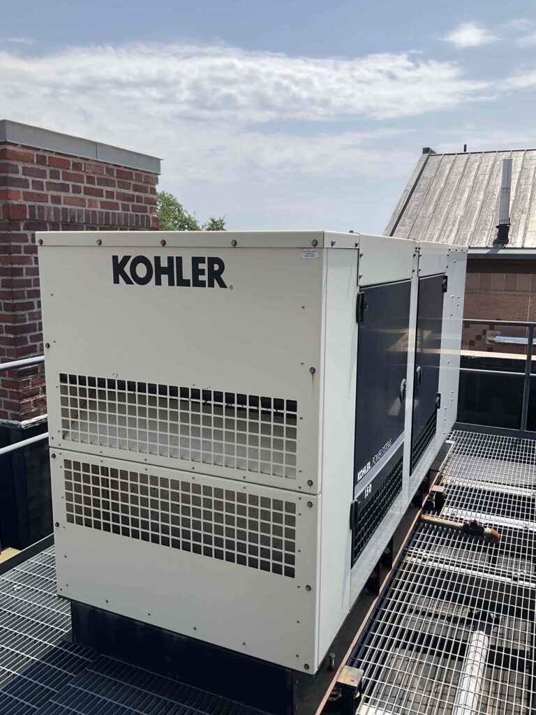 Kohler generator in Boston that provides emergency power to the elevator and emergency lighting for an apartment building