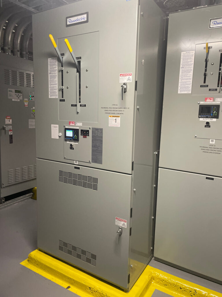 Russ Electric manual transfer switches. The transfer switches are installed at a biopharmaceutical manufacturing plant, ensuring proper power transfer during an outage.