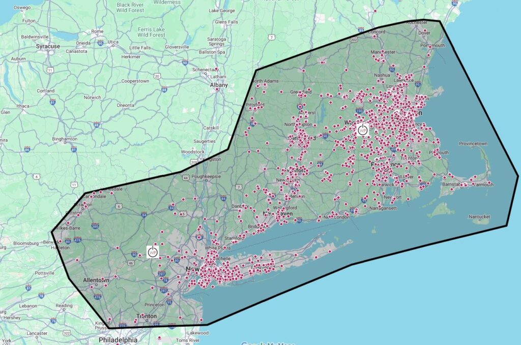 A map showing the service area for Weld Power Generator with red dots indicating the equipment we have services in the past year. The map also shows the WP logo where our Headquarters and NJ office our located.
