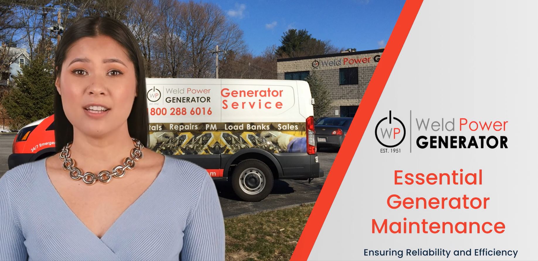 Weld Power Generator sales representative in front of a generator service van at the Weld Power Generator Headquarters in New England. The sales rep is giving a presentation on Generator maintenance tips.