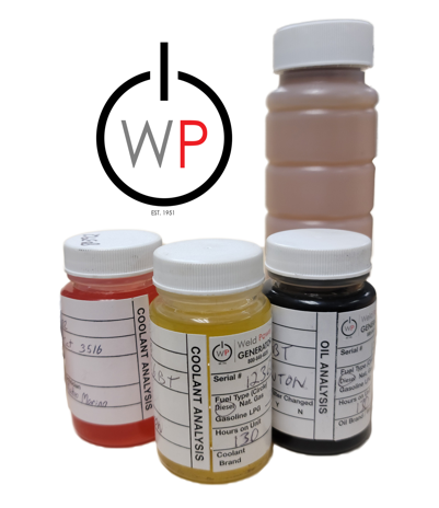 A collection for generator fluid sample bottles waiting to be sent to the lab for fluid analysis. The bottles include a Coolant Sample, Oil Sample, and a Diesel Fuel Sample)