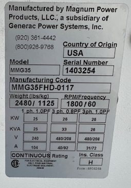 Generator information plate that displays the kW and kVA ratings. 